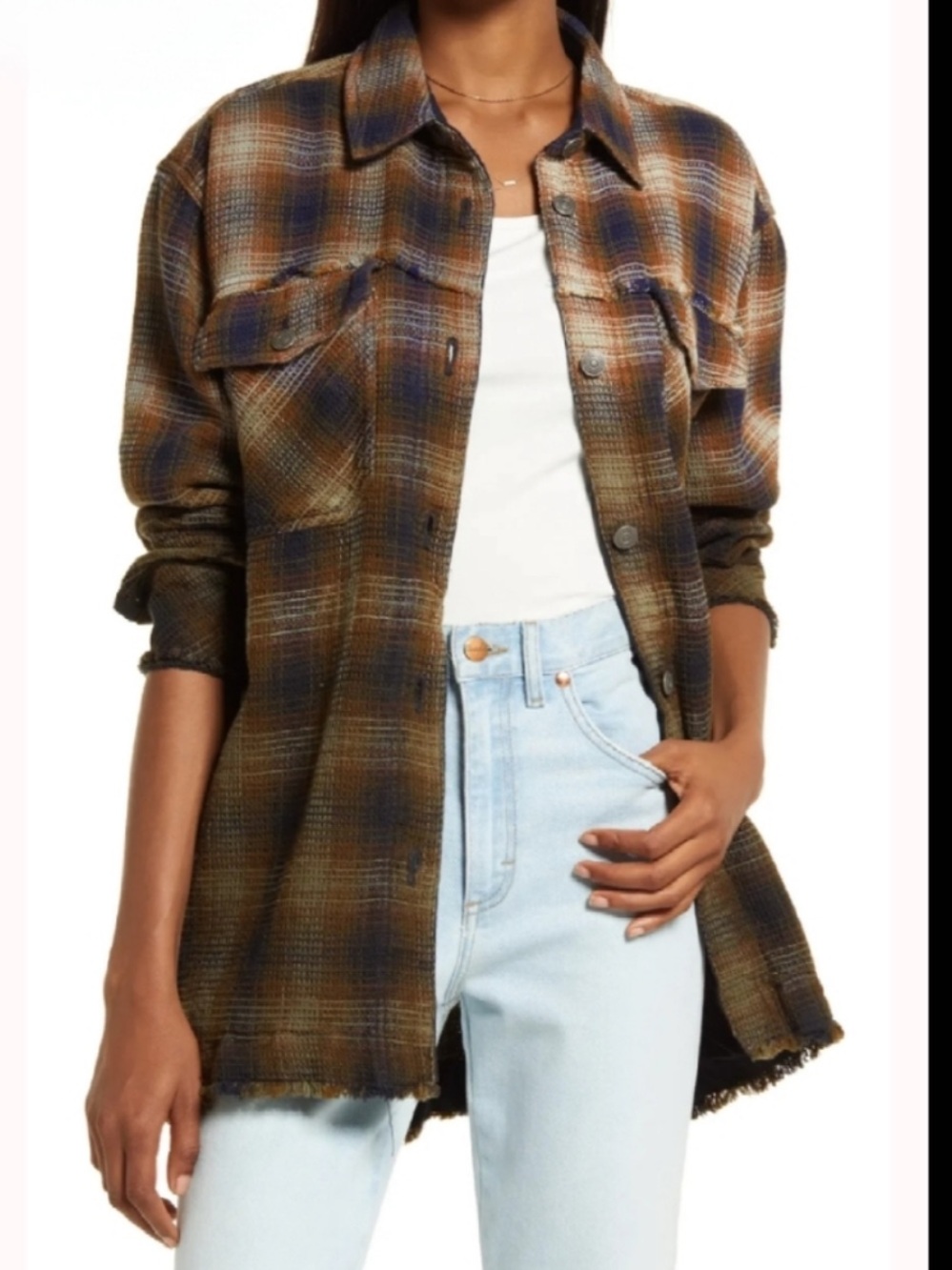 We The Free Anneli Navy Tobacco Combo Frayed Plaid Shirt Jacket Oversized XS